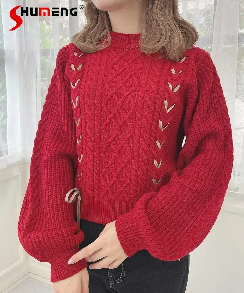 

Japanese Style Elegant Sweet Versatile Knitted Sweaters Round Neck Long Sleeve Lace-up Bow Short Pullover Tops for Women Autumn