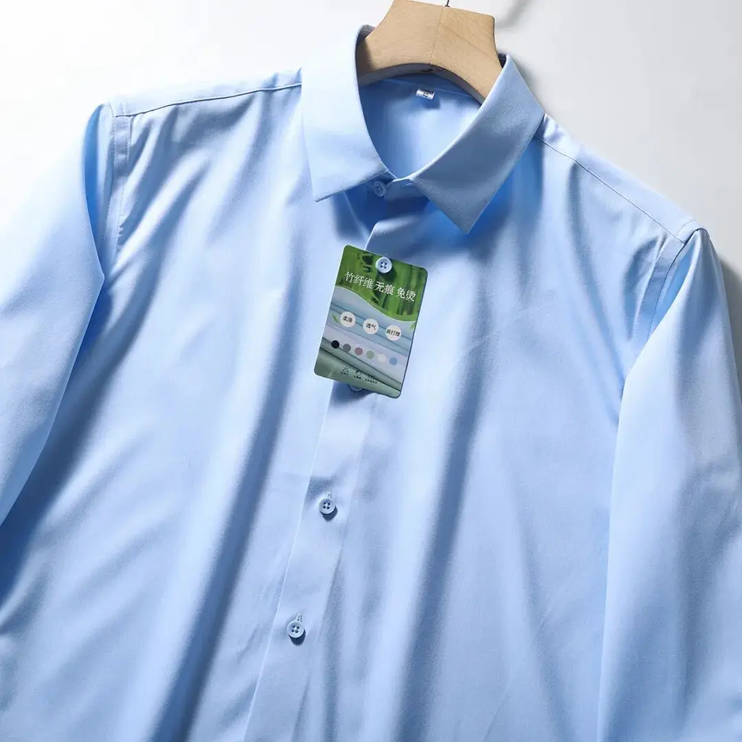  Bamboo Fiber Long Sleeve Shirt for Commuting Business Anti-Wrinkle Pure Color Basic Versatile Formal Wear
