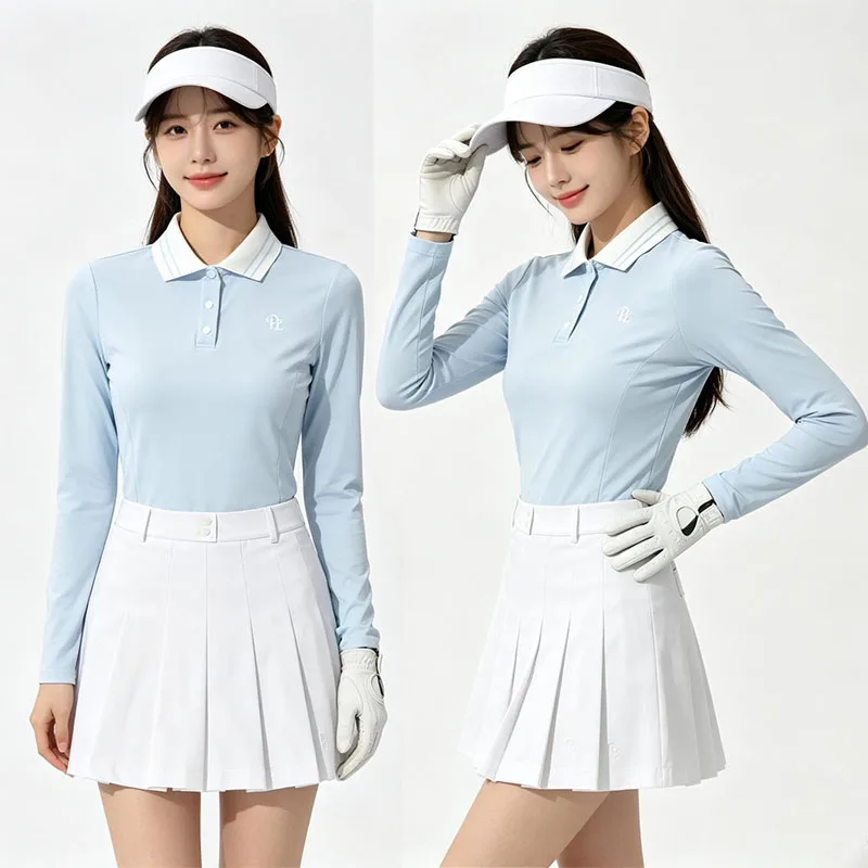 PL Autumn New Golf Polo Shirts Button Lapel Long-sleeved T-shirt Slim Tops Lady A-lined Pleated Golf Skirts with Inner Short