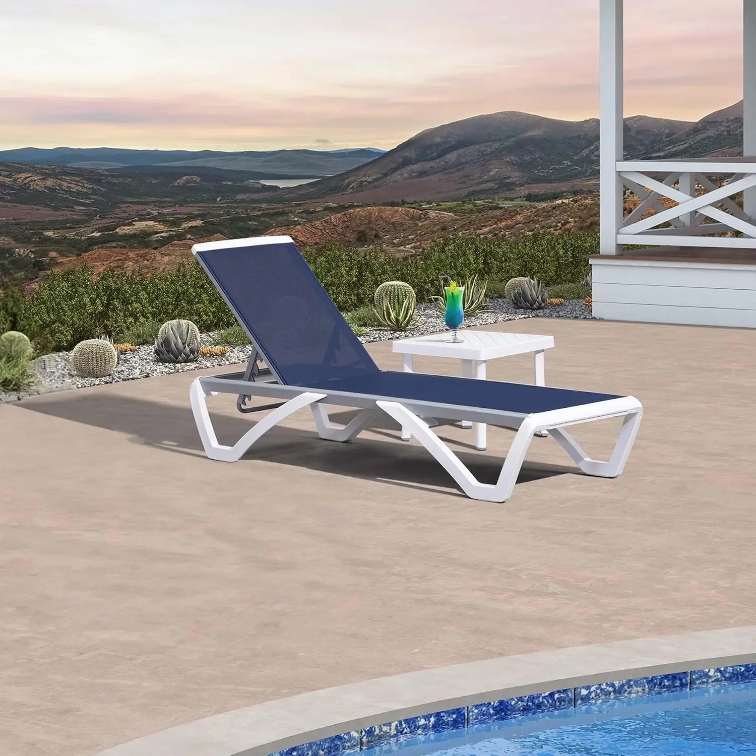 Patio Chaise Lounge Chair Set, Stackable Aluminum Plastic Tanning Chairs with Side Table for Pool & Beach (Navy Blue)