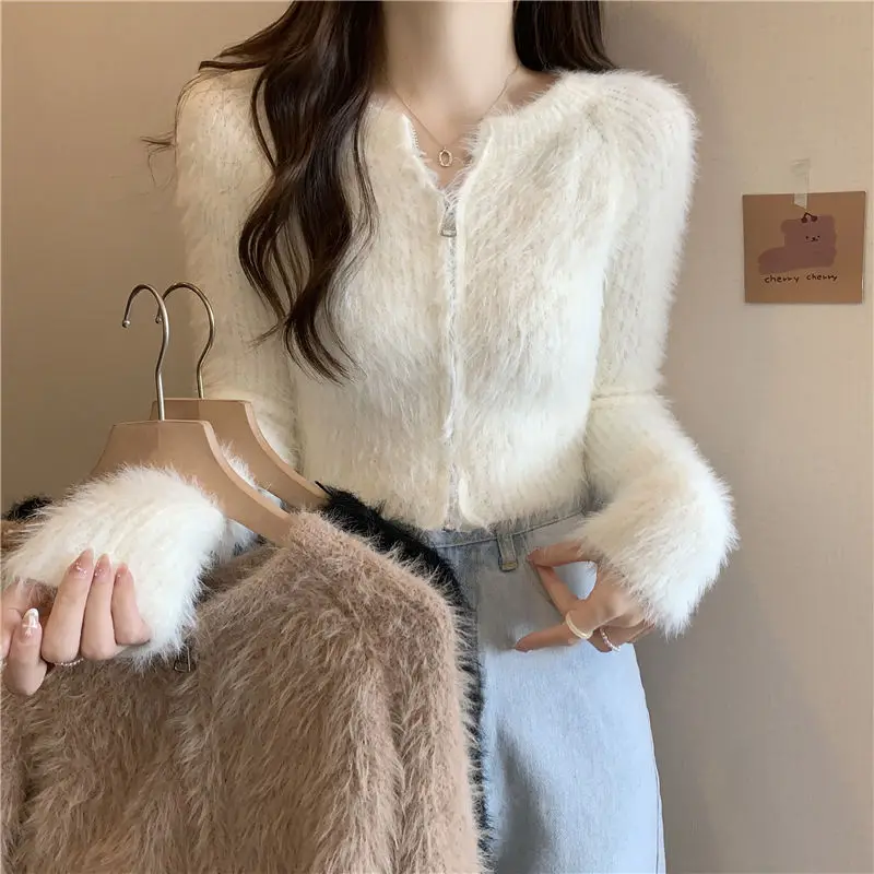

Fashion New Hippocampus Hair Women's Crew Neck Sweater Elegant Solid Color Office Short Long-sleeved Zipper Jacket