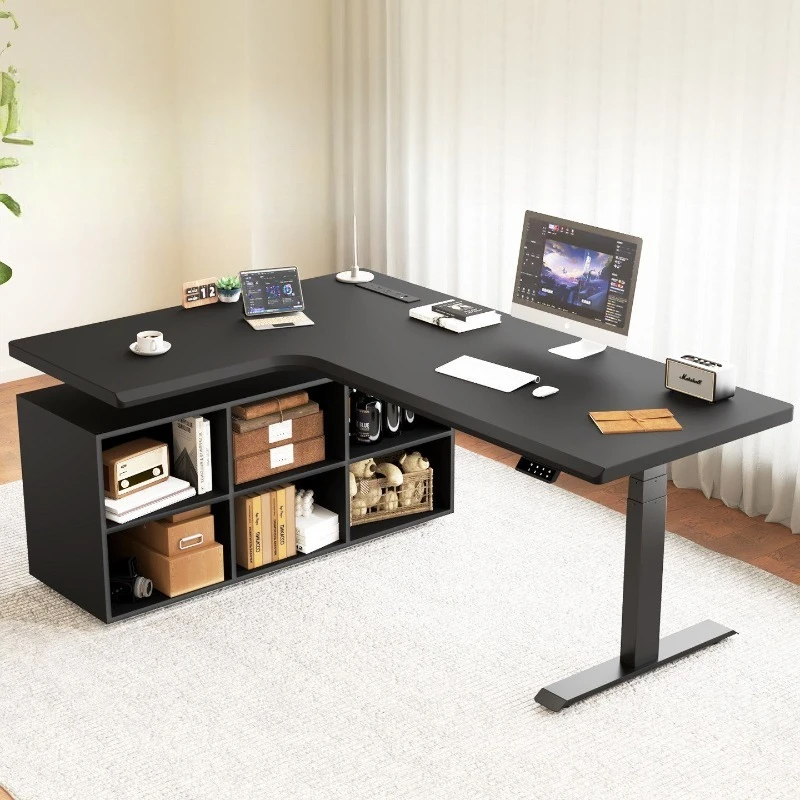 Solid wood corner electric lifting desk, study table, L-shaped double e-sports table