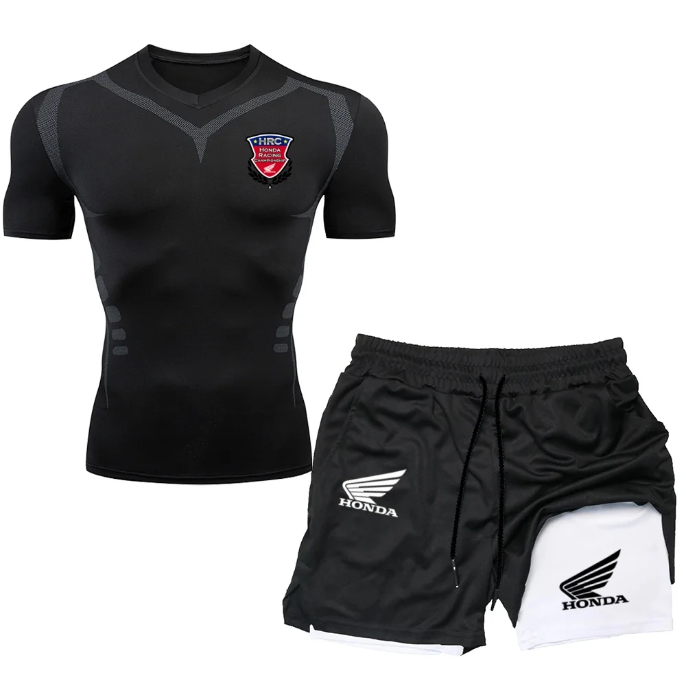 

Honda HRC co branded men's tight fitting quick drying sports T-shirt+shorts two-piece motorcycle riding suit