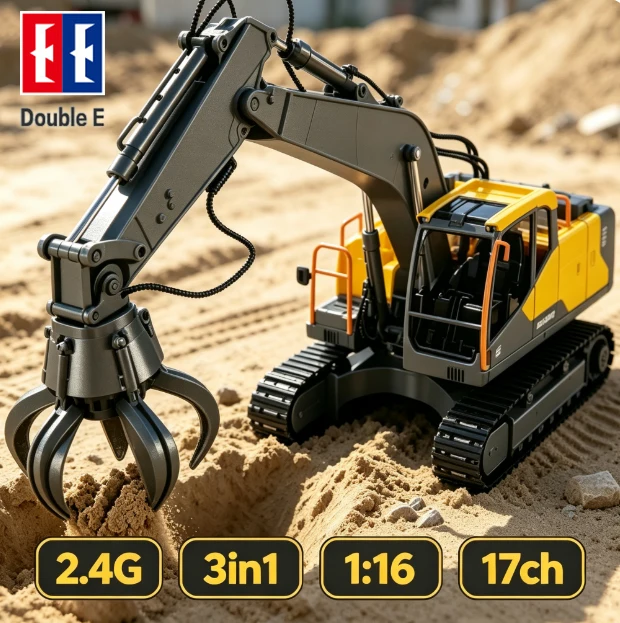 Double E E568 RC Excavator 1/16 17CH Crawler 3in1 Truck Alloy Digger Radio Controlled Car 3-Type Engineering Model Kids Toy