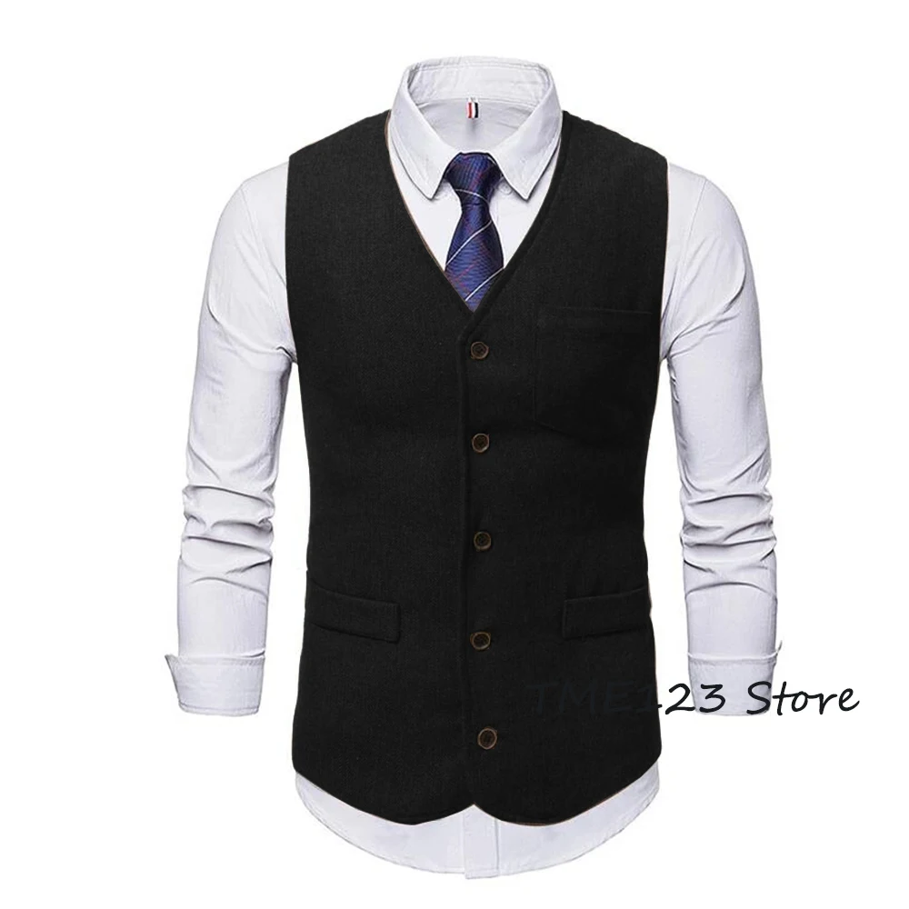 Men's Suit Vest V Neck Wool Business Casual Gentleman Groom Best Man Vests Party Coat Sleeveless Jacket chaleco hombre