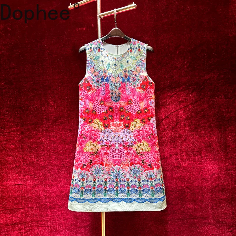 ラグジュアリーヴィンテージプリント手刺繍ビーズショートAラインワンピース 2025新作夏ノースリーブベストワンピース オールマッチ半袖ワンピース
