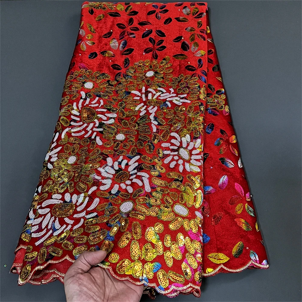 African Nigerian velvet lace fabric, Sequins BeadsGuipure，For Sewing Wedding Party Dress，High Quality，5yards，2024