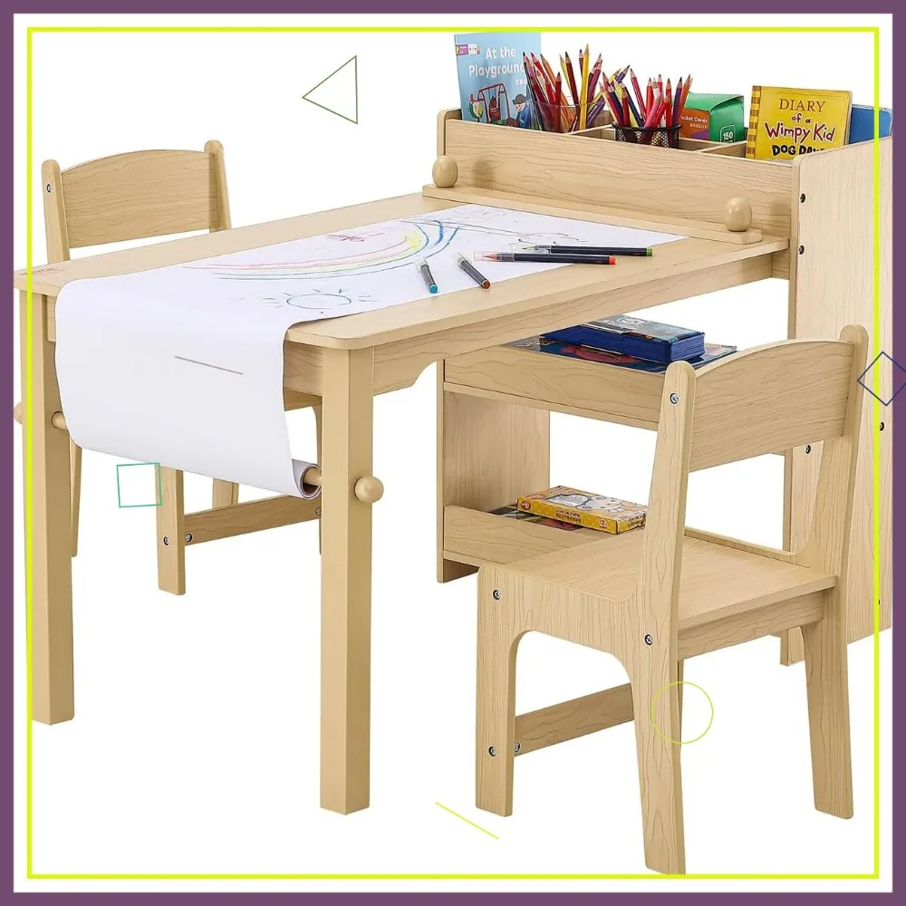طاولة فنية للأطفال مع كرسيين، مجموعة أنشطة لعب الحرف اليدوية 2 في 1 مع خزانة تخزين للتعلم