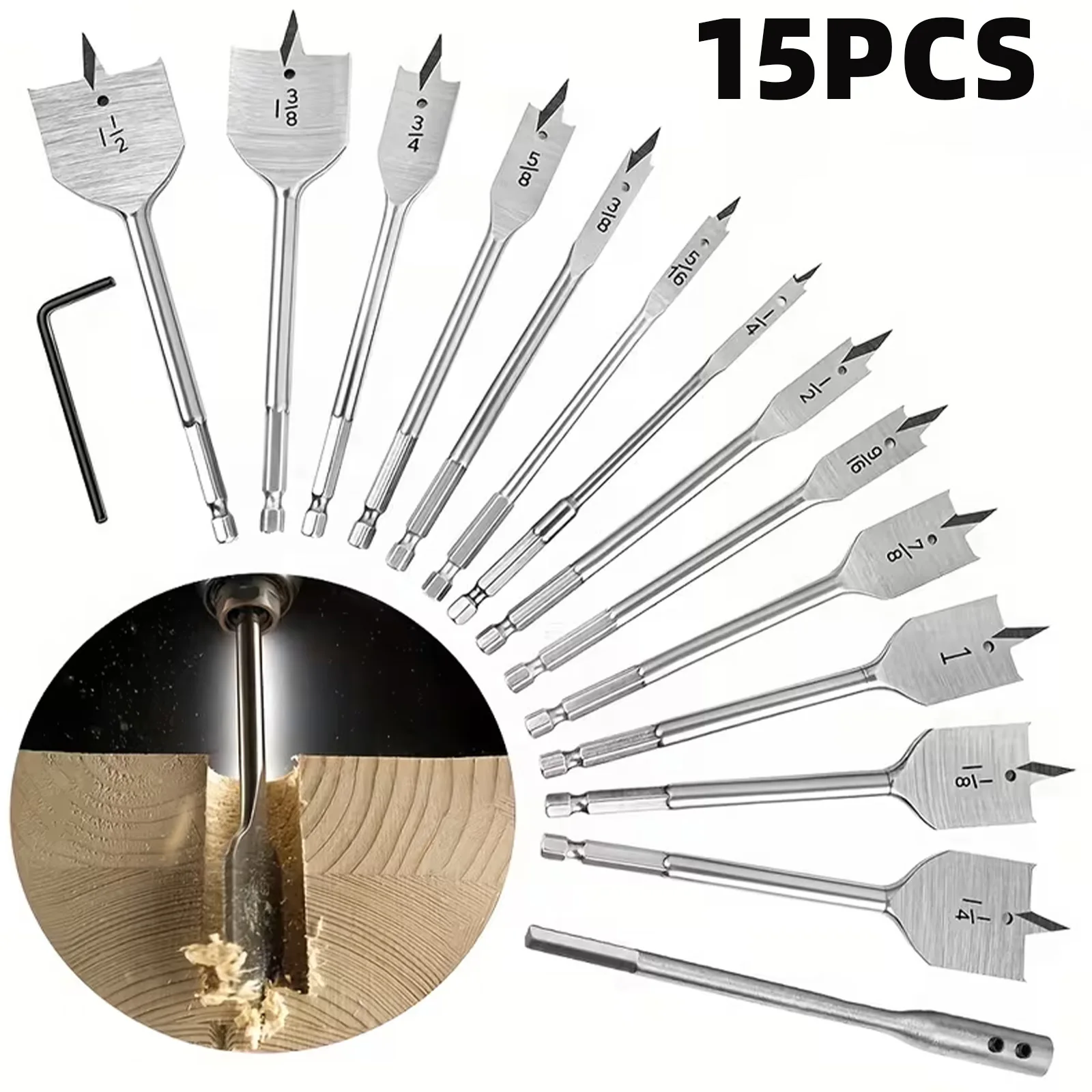 15PCS Carbon Steel Spade Drill Bit Set, Hex Shank Wood Drill Bits with Extension Rod for Woodworking