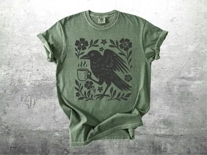 Boho Crow Bird Coffee Lover Oversize T-Shirt, Unisex Womens Mens Graphic Tee, Retro Raven Coffee Bird Casual Nature Top