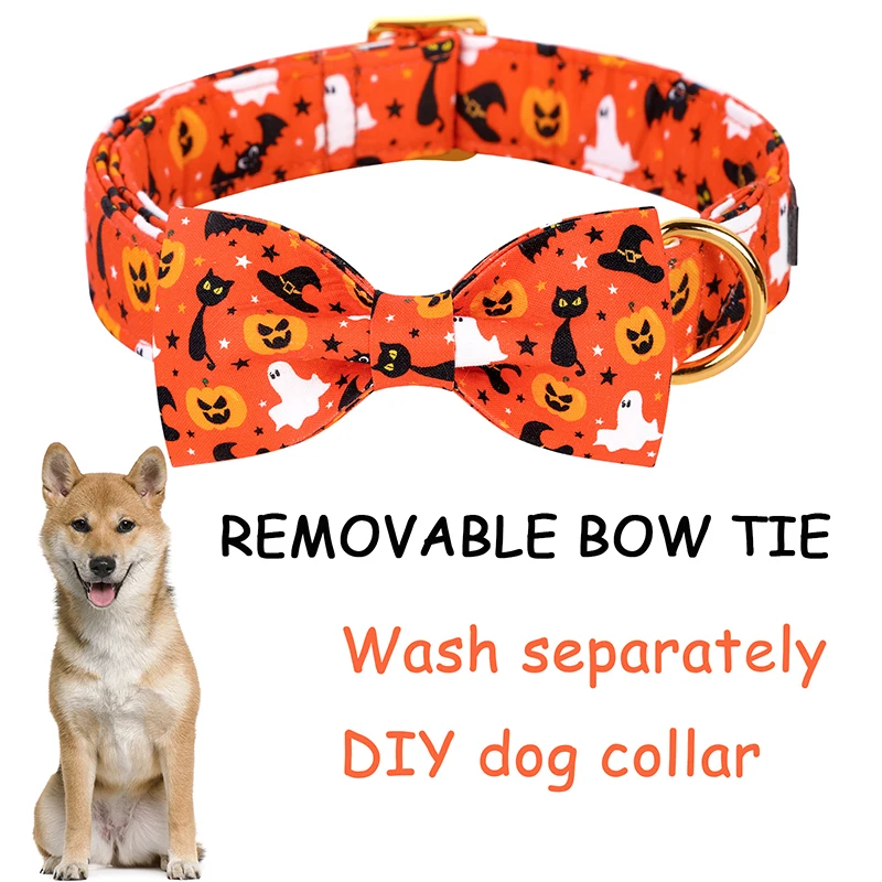 Personlized Halloween Ghost Dog Collar with Bow Orange Puppy Collar Flower Dog Collar Large Medium Small Dog