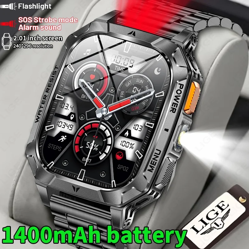 2026 New 1400mAh Military Sports Smart Watch Men 2.01" HD Screen Waterproof Clock SOS Call Flashlight Smartwatch For Android ios
