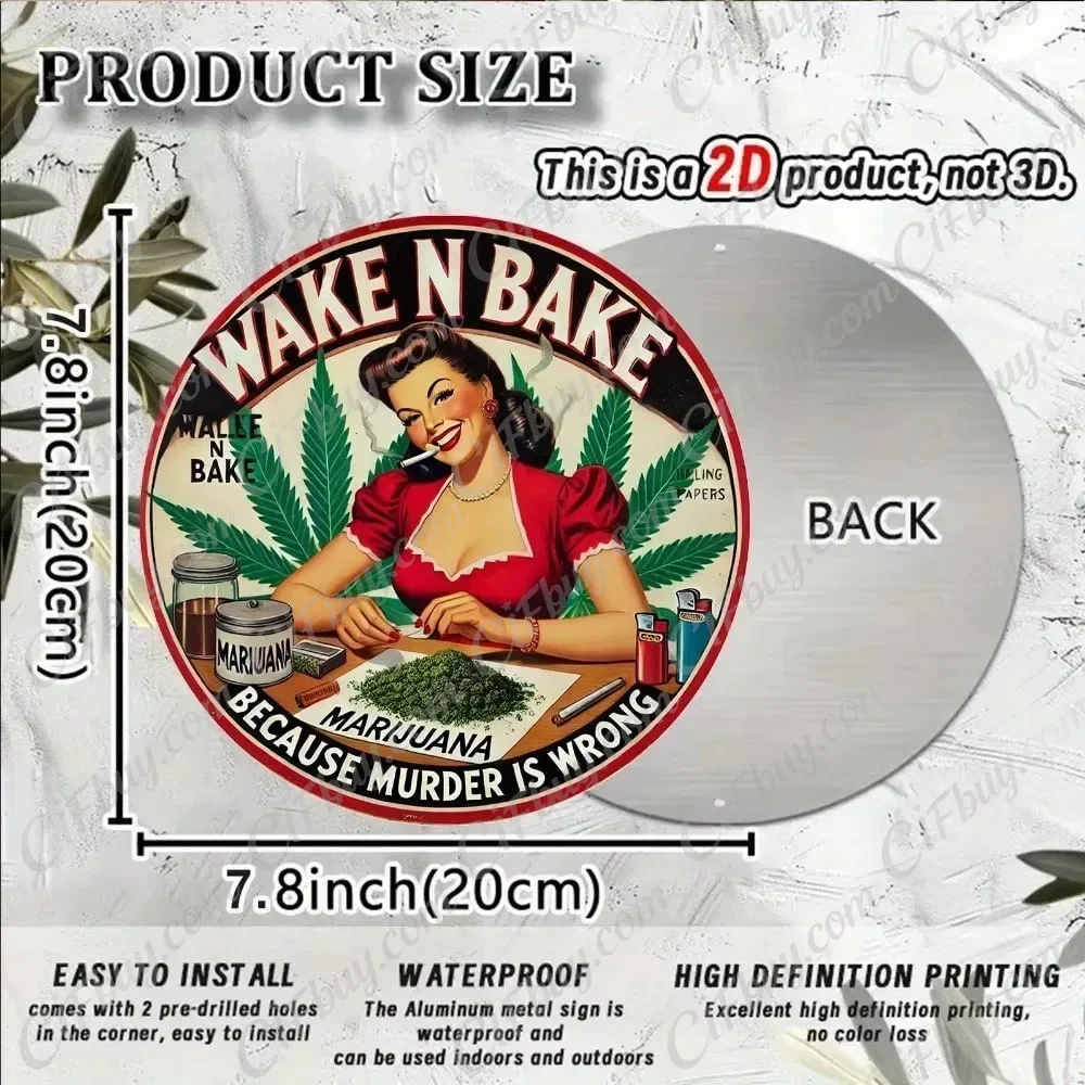 CIFBUY Vintage Wake N Bake Funny Aluminum Wall Art Waterproof Durable Alloy Decor for Home Bedroom Bar Garage Man Cave