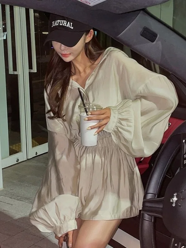 Conjunto F de Top com Manga Lanterninha e Calças Curtas de Perna Larga, Estilo Solto, Cintura Elástica, Versátil para ...