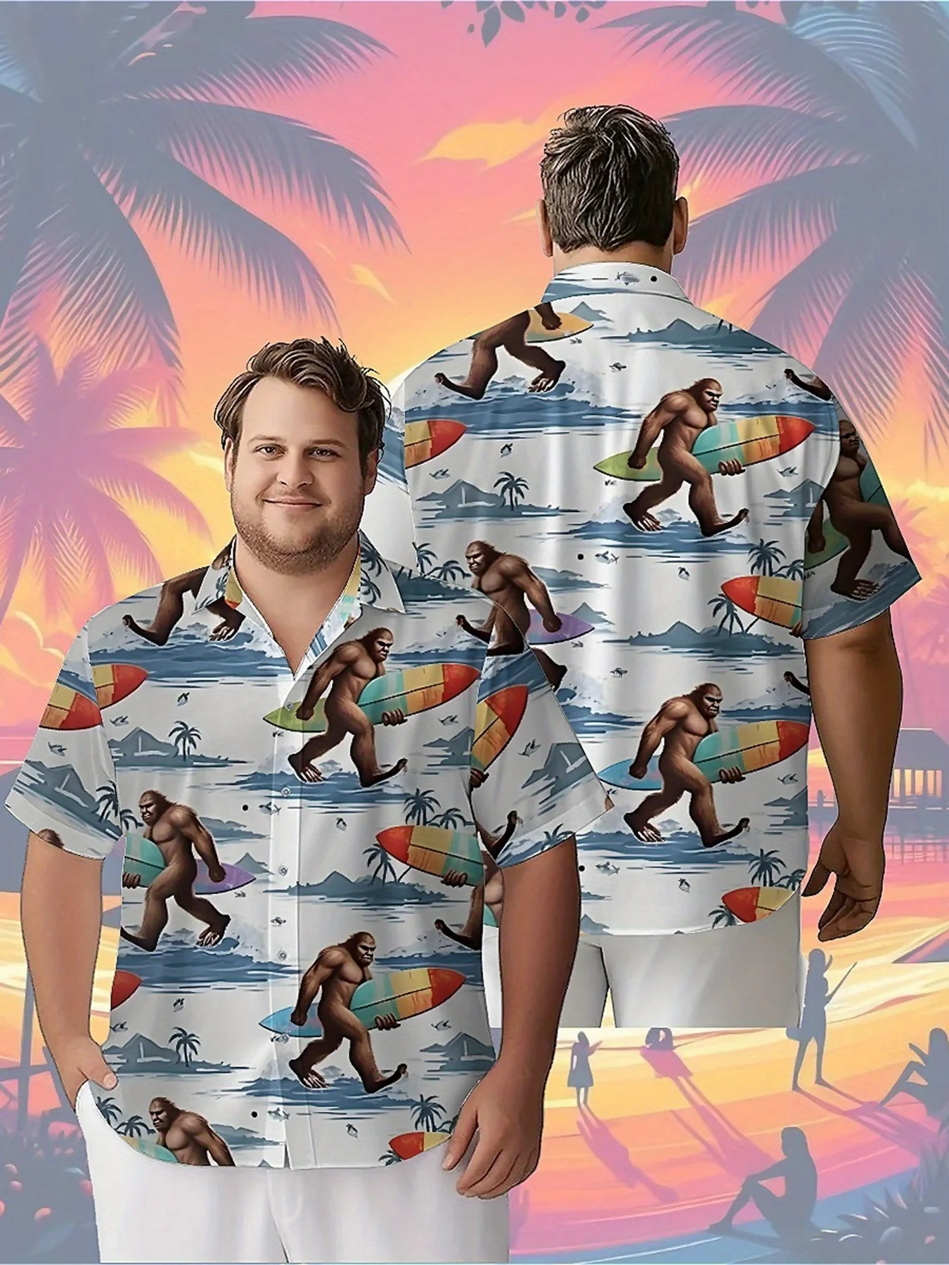 

Men's Plus Size Hawaiian ShirtsSasquatch Surfing Adventure with Palm Treespattern,Premium Comfort Youth Clothes,Streetwear Tops