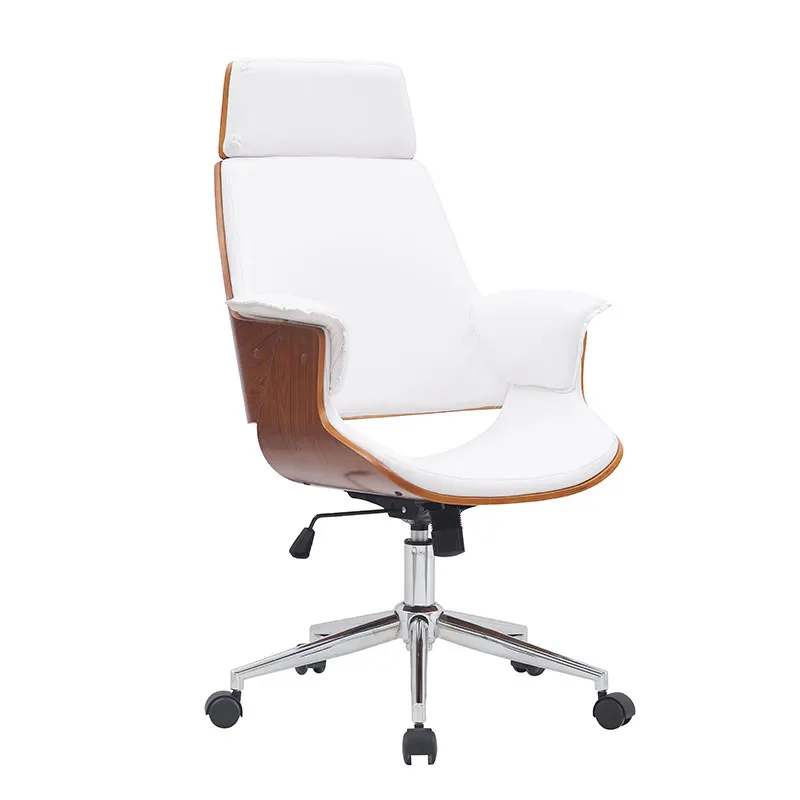 Modern simple wood leather backrest boss recliner office visitor work chair with wheels