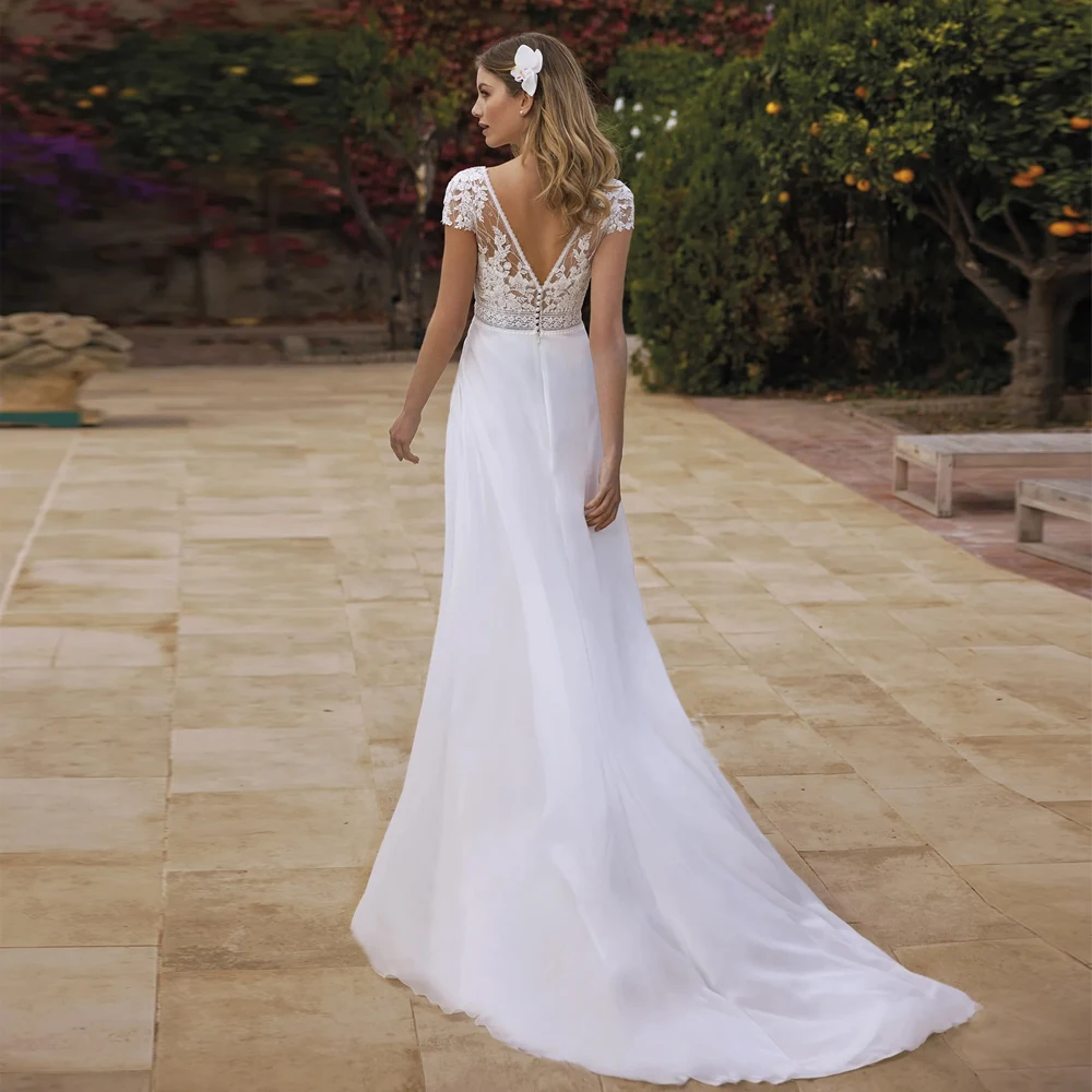 Classic V Neck Wedding Dresses A Line Bridal Grown Short Sleeves Customized Applique Lace Zipper Back Illusion Vestidos De Novia