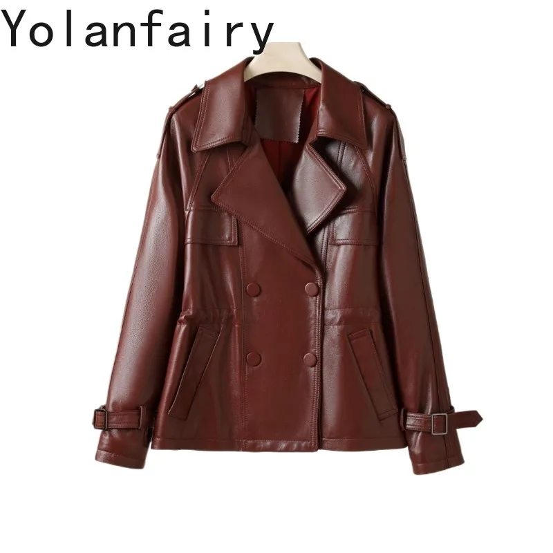 YOLANFAIRY Autumn Genuine Leather Jacket Women Water Wax Semi Vegetable Tanned Sheepskin Real Leather Coat Fashion Outerwear
