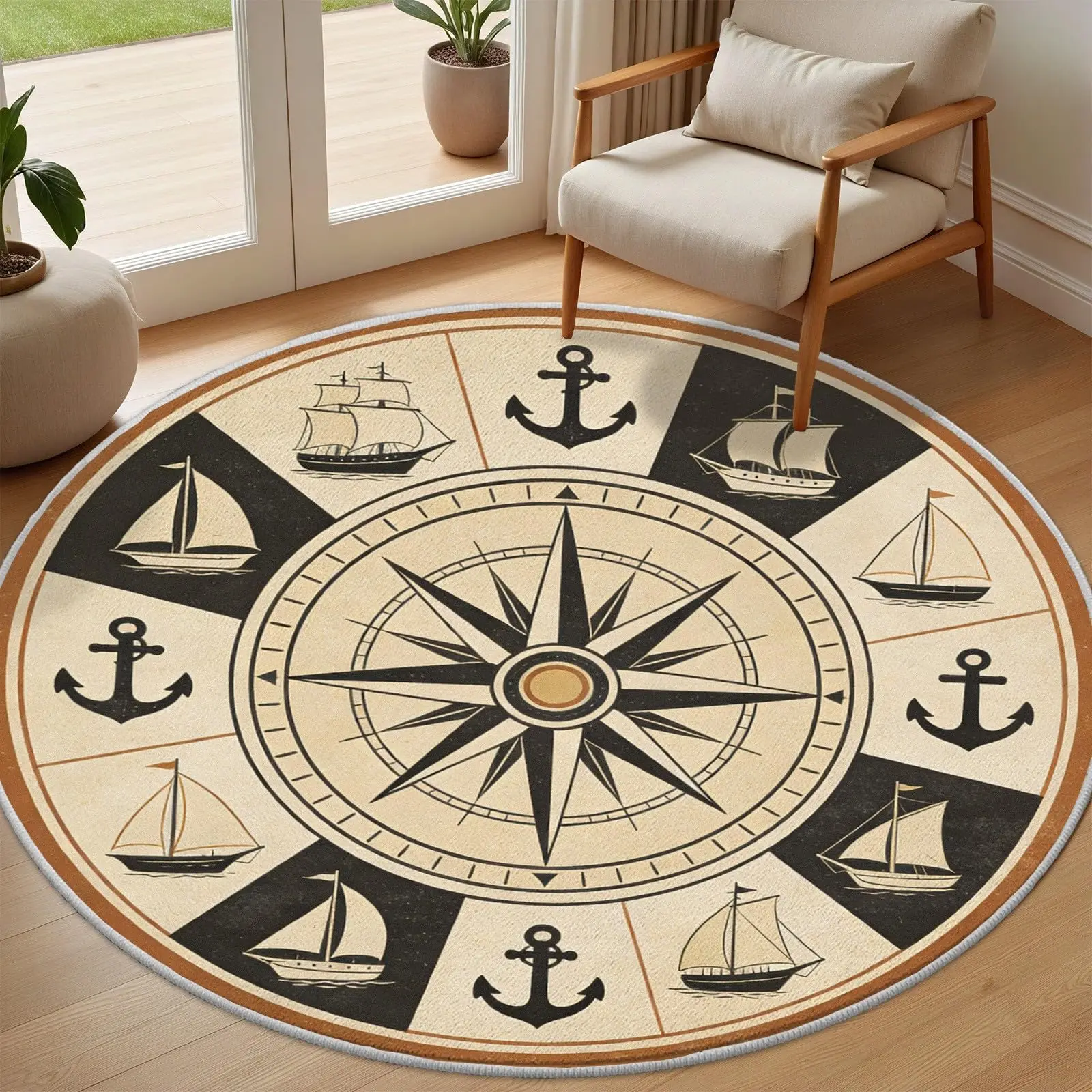 Round Area Rug Compass Anchor Pattern Carpet Coastal Nautical Home Decor Floor Cover Living Room Bedroom Lounge Entryway Accent