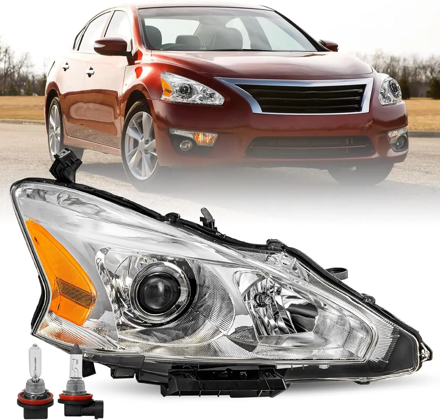 

Headlight Assembly for 2013 2014 2015 Nissan Altima 4Door Sedan Halogen Headlamp Right Passenger Side Chorme Housing with Amber