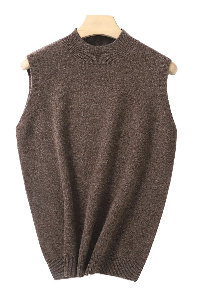 Women Autumn Winter 100% Merino Wool Sleeveless Mock Neck Knitted Vest, Solid Color Soft Knit Good Stretch Basic Waistcoat Top