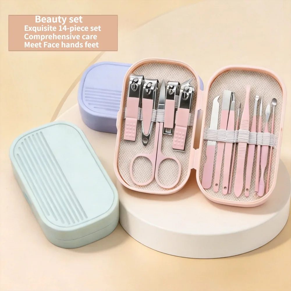 14&18 Piece Stainless Steel  Manicure & Pedicure Set Pink And Blue Nail Scissors, Clippers, Ear Digging Spoon for Men & Women