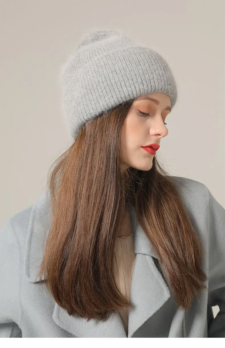 Xthree Winter Hut für Frauen Angola Beanie Hut Gestrickte Kaninchen Pelz Skullies Hut Warmen Motorhaube Kappe Weibliche Hüte für Mädchen hut – Detail 1