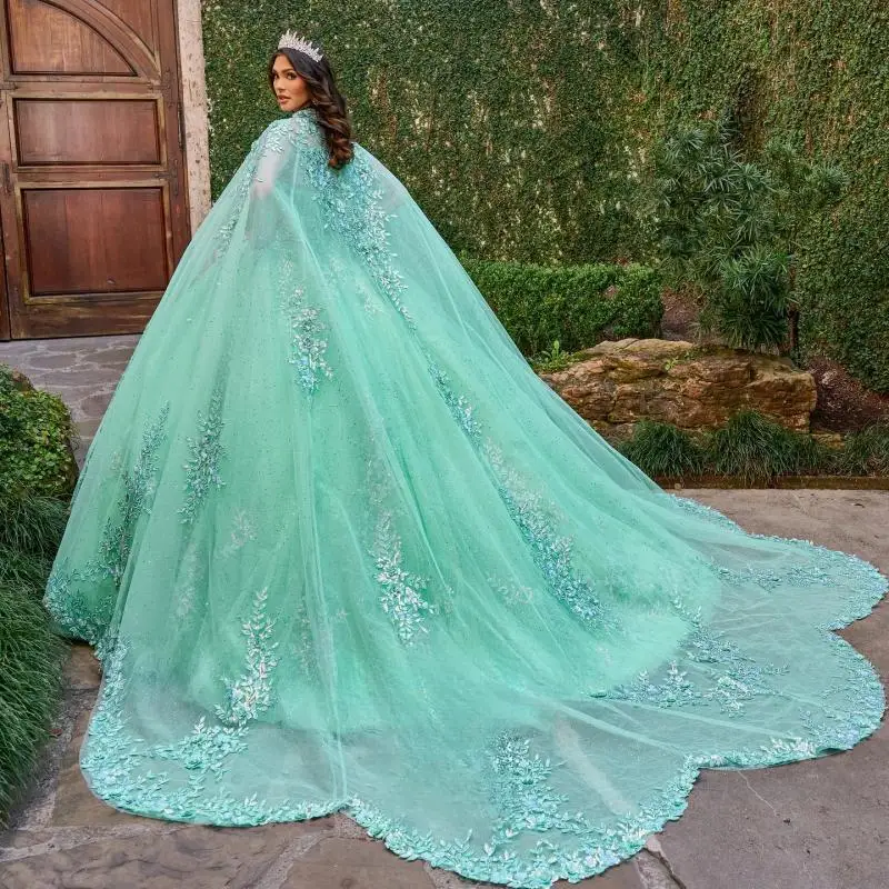 Exqusite Tulle Quinceanera Dress Sweetheart Appliques Cloak Cathedral Train Robe Princesse Bleu Femme Personalised