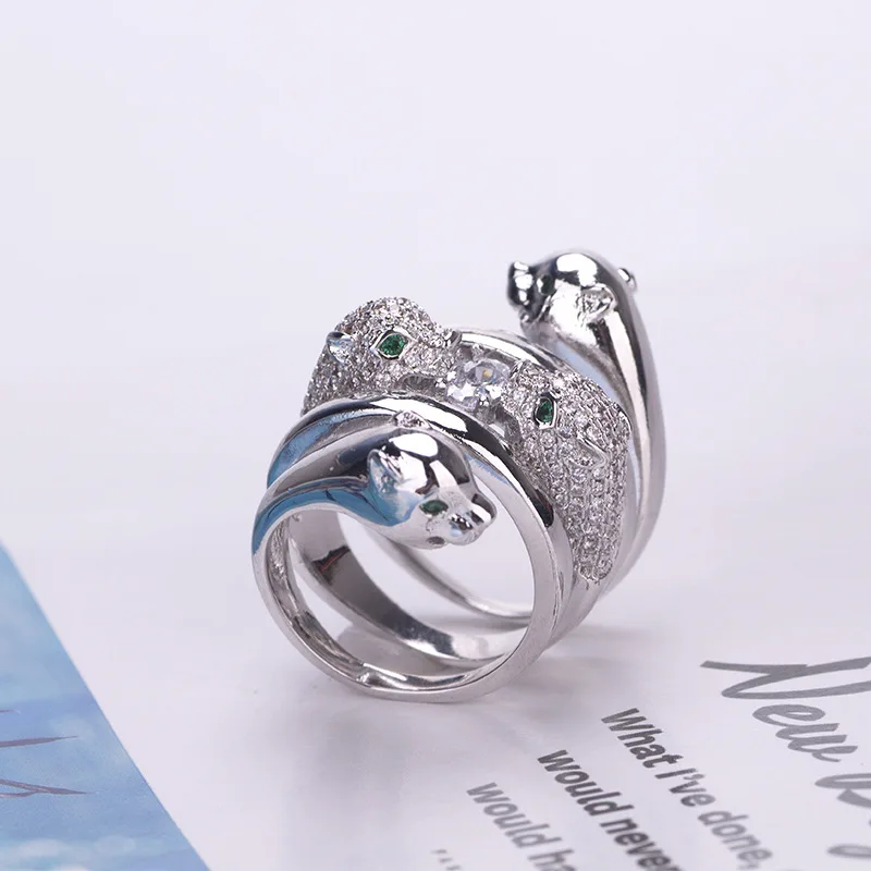 Europe America Fashion New Style Men Women Lady Inlaid Cubic Zircon Four Leopard Heads Silver Color Ring Size US6-US9 image 2