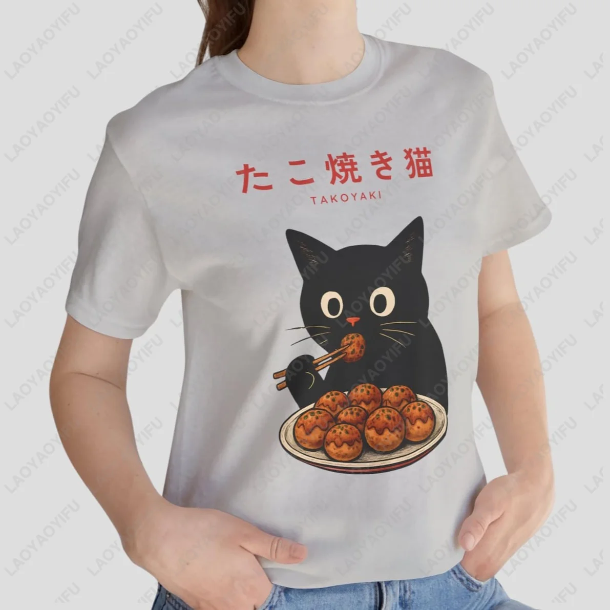 Cute Cat Japanese Takoyaki Graphic Printed TShirt Kawaii Japan Food T-Shirt Casual Fashion Loose Harajuku Summer Unisex Tees
