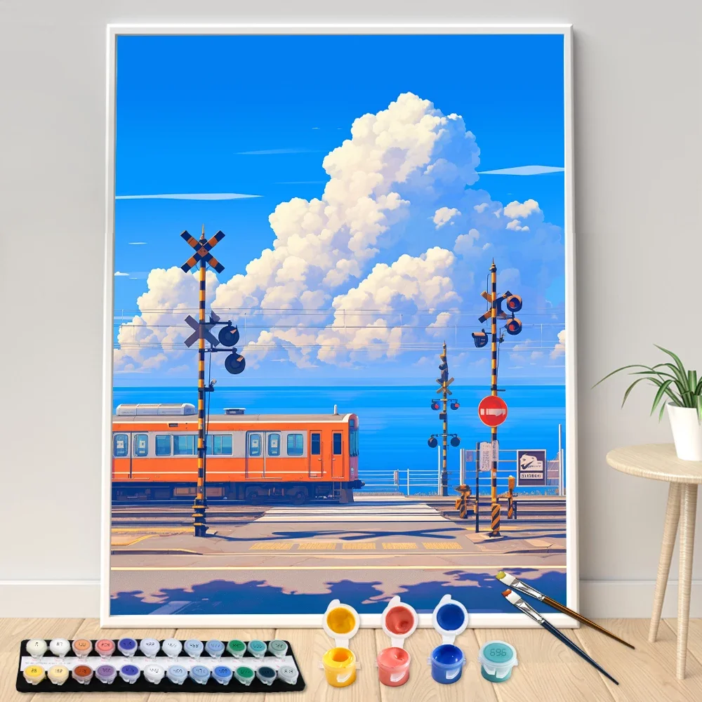 1pc frameless Painting By Numbers Hand Blue Sky Train Scenery Adult  Kit DIY Acrylic Paint Canva Artwork Canva Art Gift Home Dec