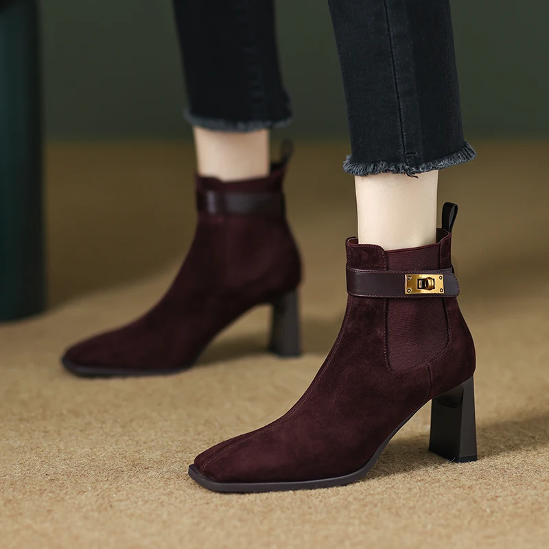 

2022 new Women ankle boots natural leather 22-24.5cm kid suede+cowhide full leather modern boots buckle high heel Chelsea boots