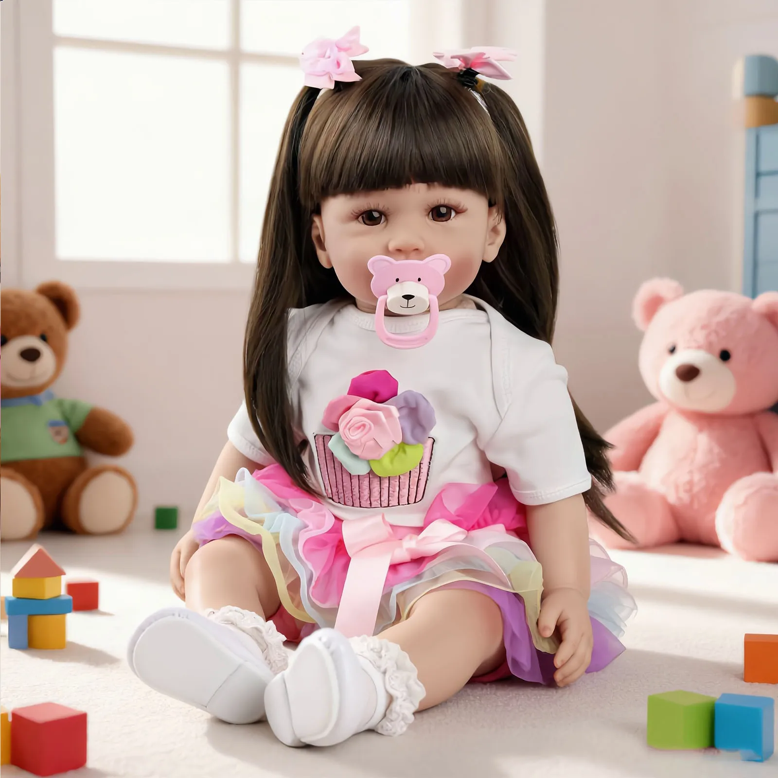 Reborn-Babypuppe 22 Zoll Mädchen, Realistische Neugeborenen-Puppe mit Buntem Cupcake-Print-Tutu-Kleid, Lebensechte Weichkörper-Reborn-Kleinkindpuppe, Perfektes Geschenk für Kinder, Sammlerstück &