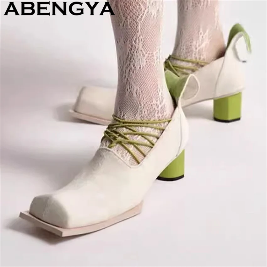 Square Toe Lace Up Chunky Heels Shoes Women's Fashion Week Rome Designer Tabi Ninja Shoes Summer Loafers Shoes Mujer Zapatos
