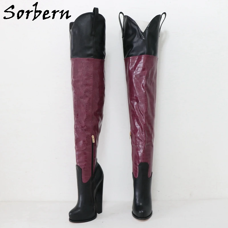 Sorbern 11Cm Wedge Long Boots Women Unisex Style Round Toe Lace Up Mid Thigh High Unisex Style Fetish Shoes Custom Wide Slim Leg