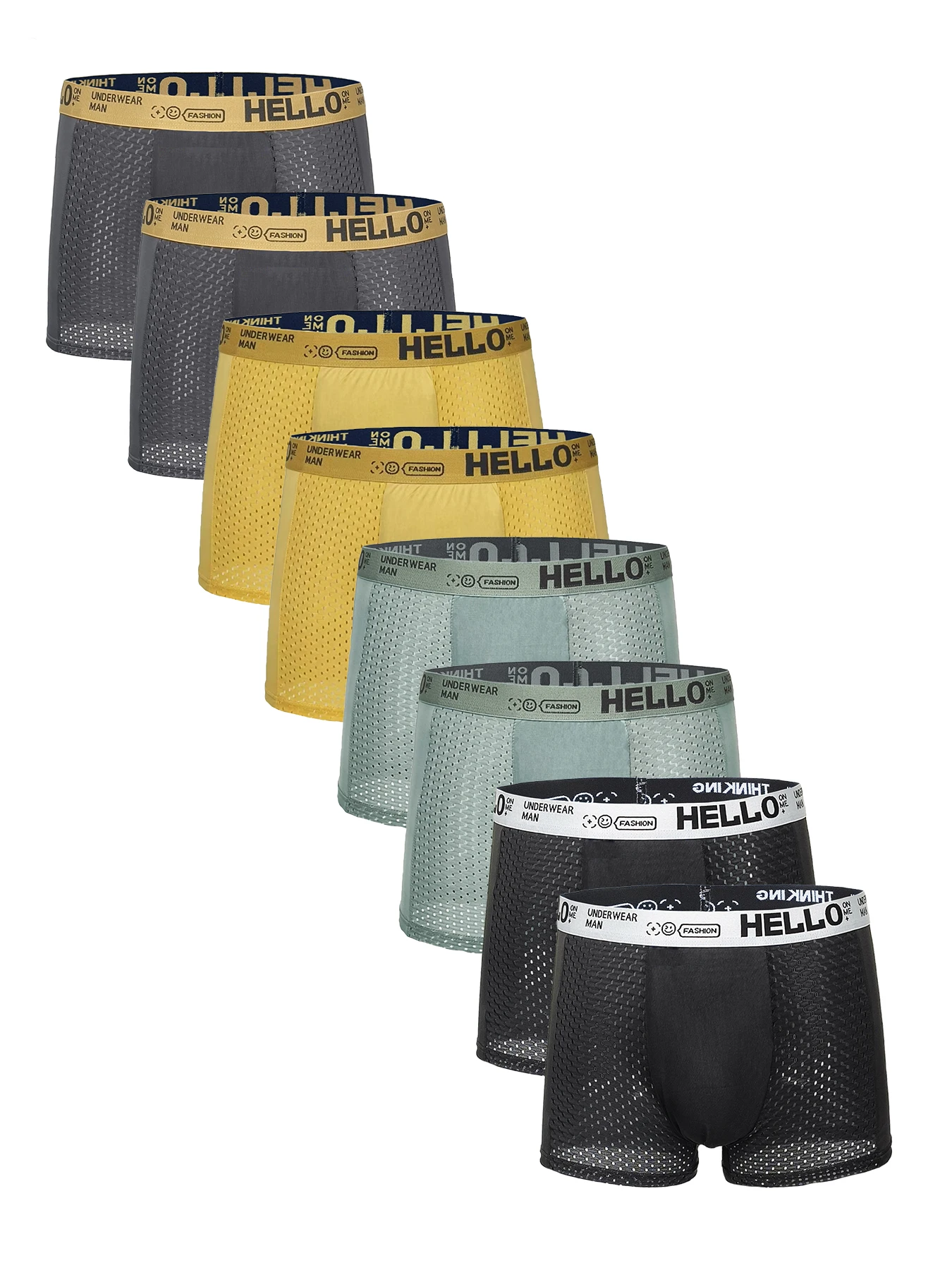

Men's 8-Pack Ice Silk Mesh Boxer Briefs - "HELLO" Logo Waistband, Assorted Color Underwear Set