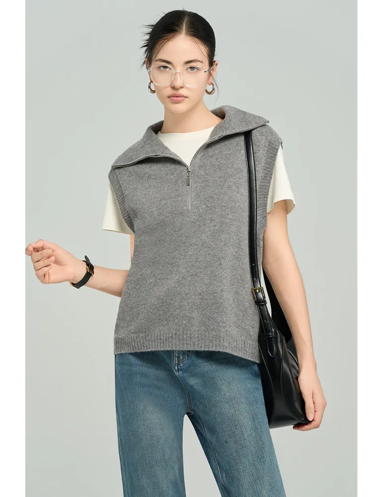 Haif Zipper Sleeveless 100% Pure Wool Sweater Vest Autumn Winter Women Turn Down Collar Loose Knitwear Tops For Minimalist