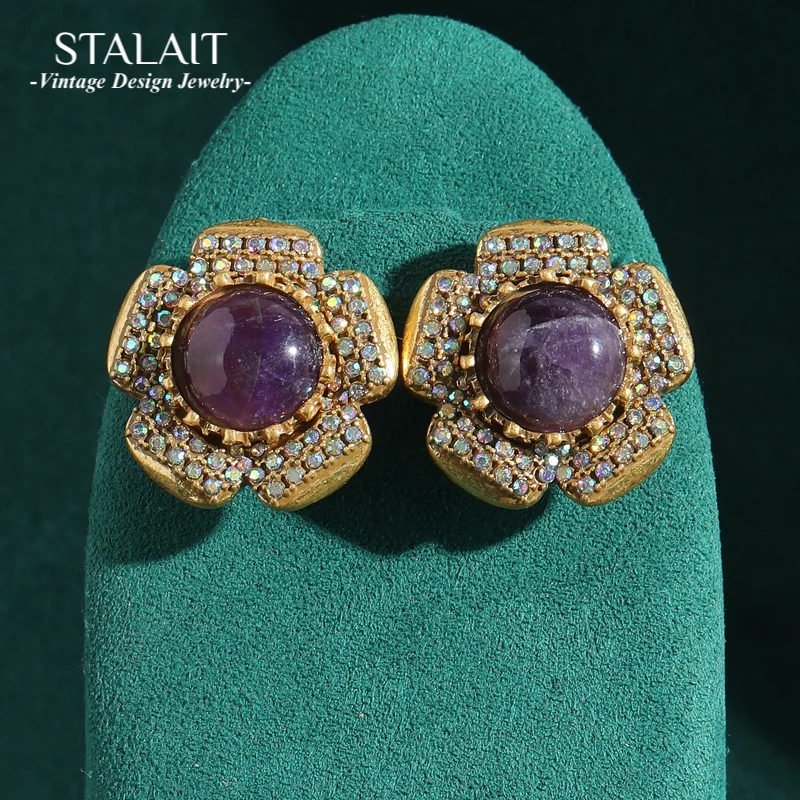 

Vintage Jewelry Stud Floral Earrings Woman Purple Glass Flower Rhinestones Luxury Gold Color Woman Antique Brands High Quality
