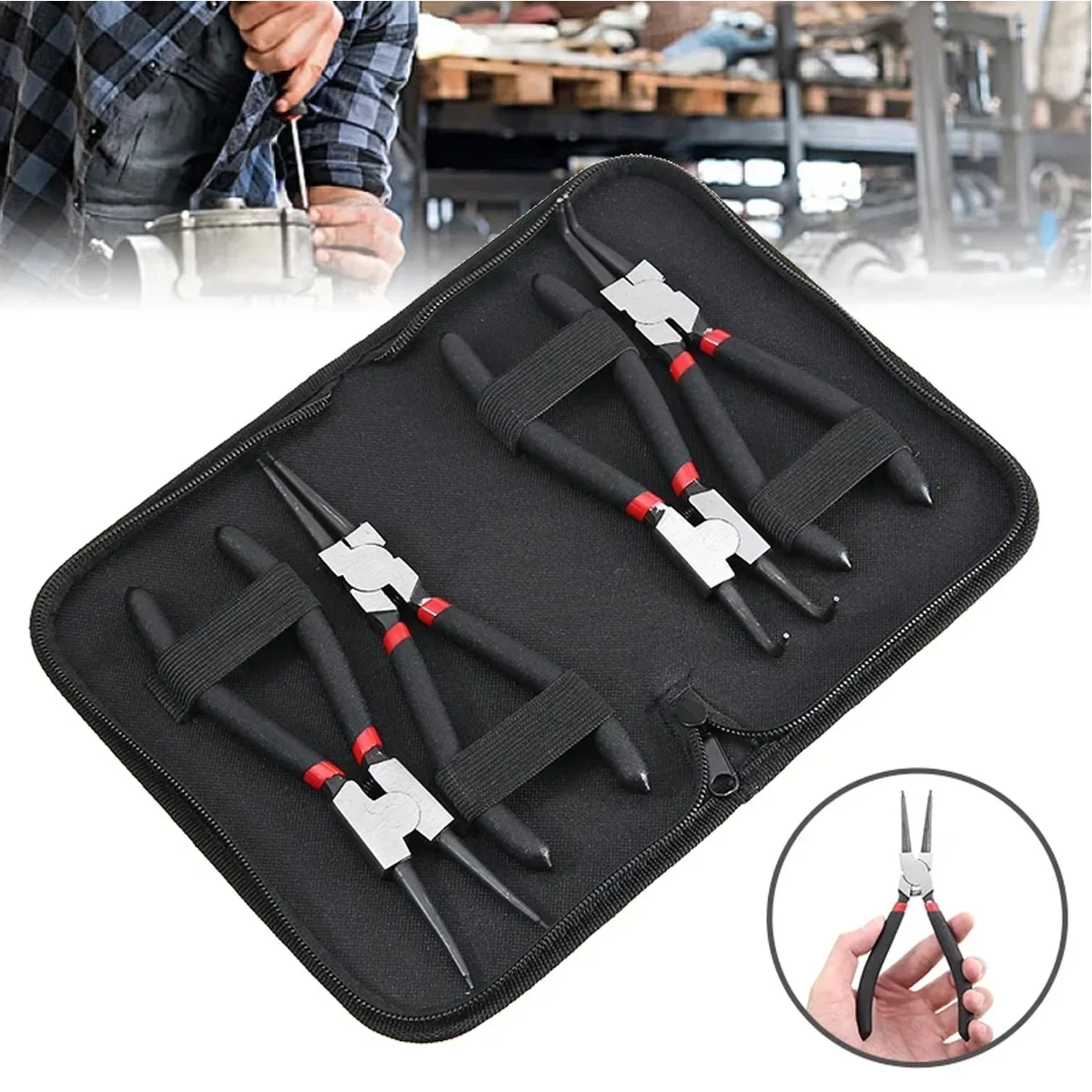 7 Inches Long Nose Plier,4Pcs Circlip Plier Set,Inner Outer Staight Bent,Plier Retaining Snap Ring Remover Tool
