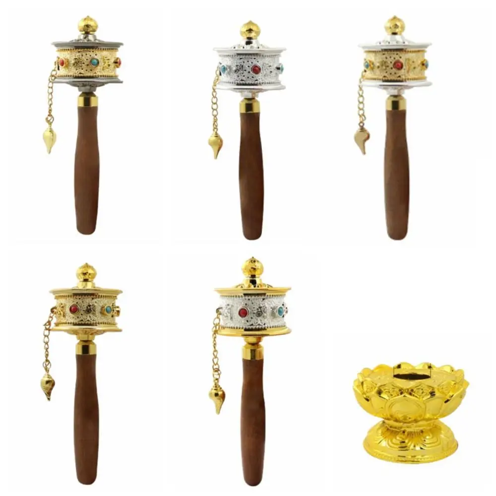 Hand Cranking Tibetan Prayer Wheel Colourful Hand Held Turn Praying Instrument Rotatable Wooden Handle Religious Ornament