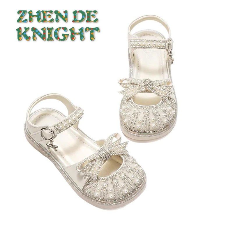 

2025 Summer Princess Flat Shoes Cute Girls Princess Flat with Pearls Elegant Girls Flat Sandals Cut-outs Kids Dress Sandals