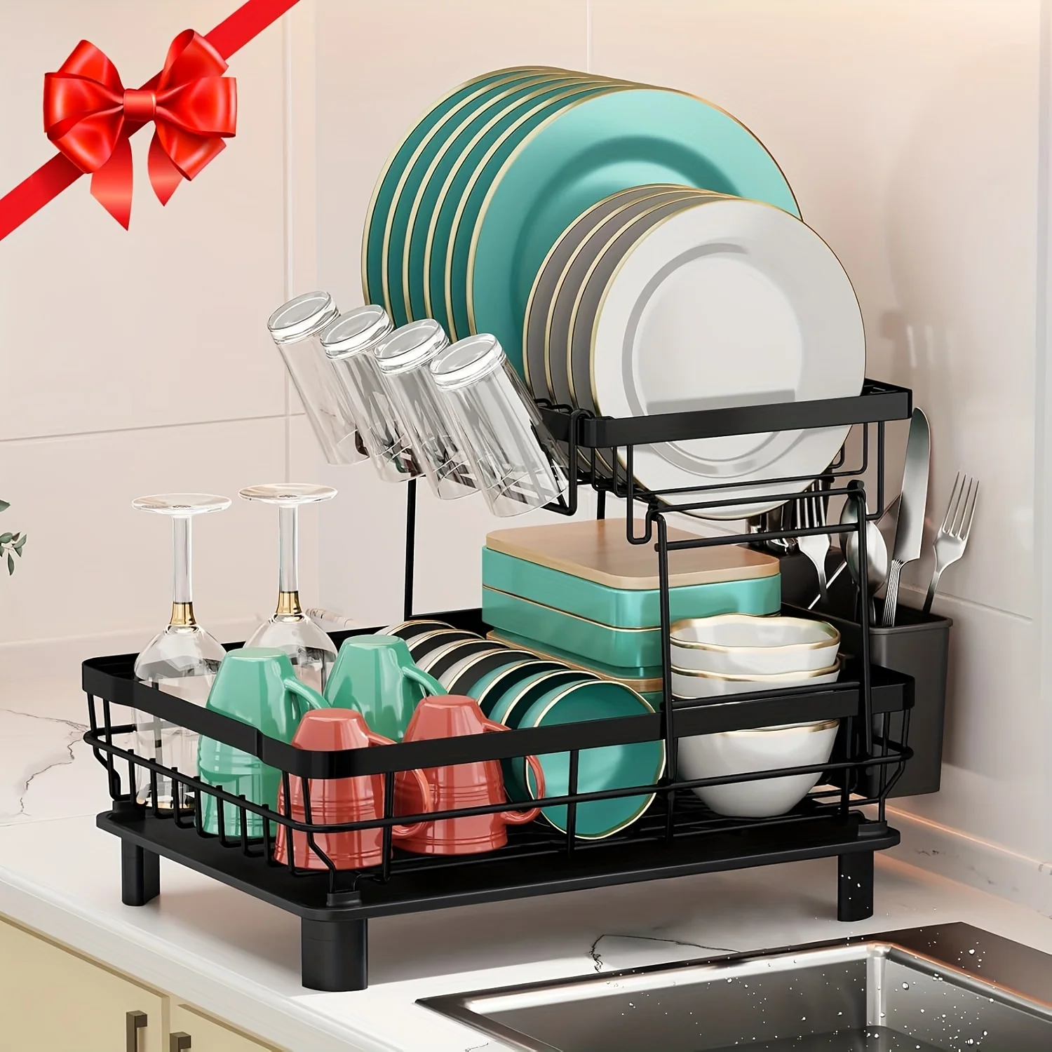 

Large Dish Drying Rack For Kitchen Counter, Large Capacity Dish Drainer Organizer, 2-Tier Dish Racks With Utensil Holder, Black