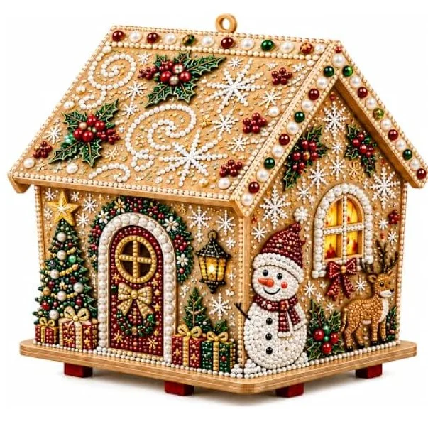 Diamond Painting Set, Weihnachtshaus aus Holz, DIY Lebkuchenhaus, 3D-Bausatz, Weihnachtsdekoration für Zuhause, Weihnachtsmann Schneemann Dee – Detail 7