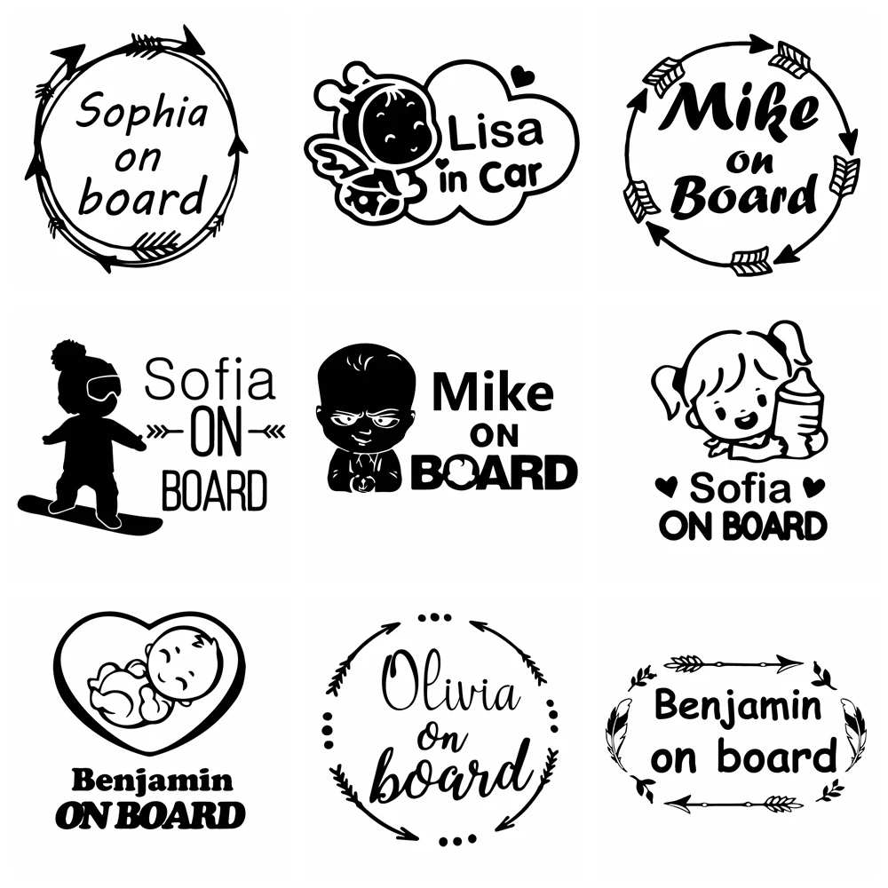 9 Style Cartoon Kids Custom Name Baby On Board Naklejki winylowe na karoserię samochodu Naklejka na okno Spersonalizowana naklejka samochodowa