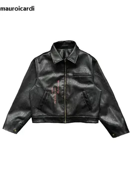 Mauroicardi Spring Autumn Short Black Printed Embroidered Pu Leather Jacket Men with Detachable Red Ribbon Zipper Cool Clothes 3 Mauroicardi Spring Autumn Short Black Printed Embroidered Pu Leather Jacket Men with Detachable Red Ribbon Zipper Cool Clothes 3