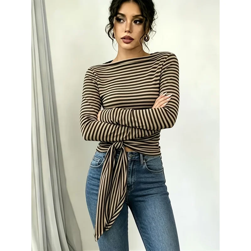 

Minimalist Style Classic Striped Lace-up Slim-fit Long-sleeve Top, an Elegant, Versatile and Fashionable Choice Commuting