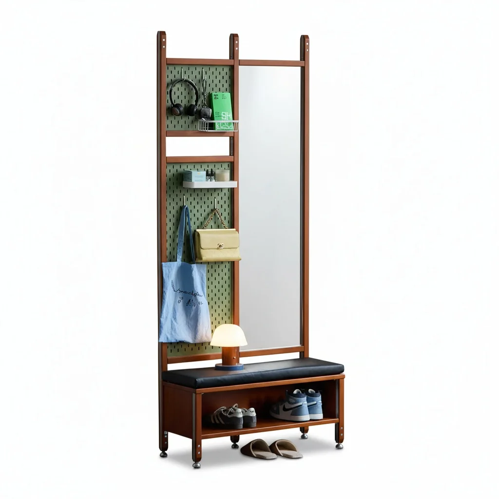 

Freestanding Shoe Cabinet, Solid Boxwood Wood Shoe Rack, with Mirror and Stool, Modern Shoe Organizer, Living Room Furniture