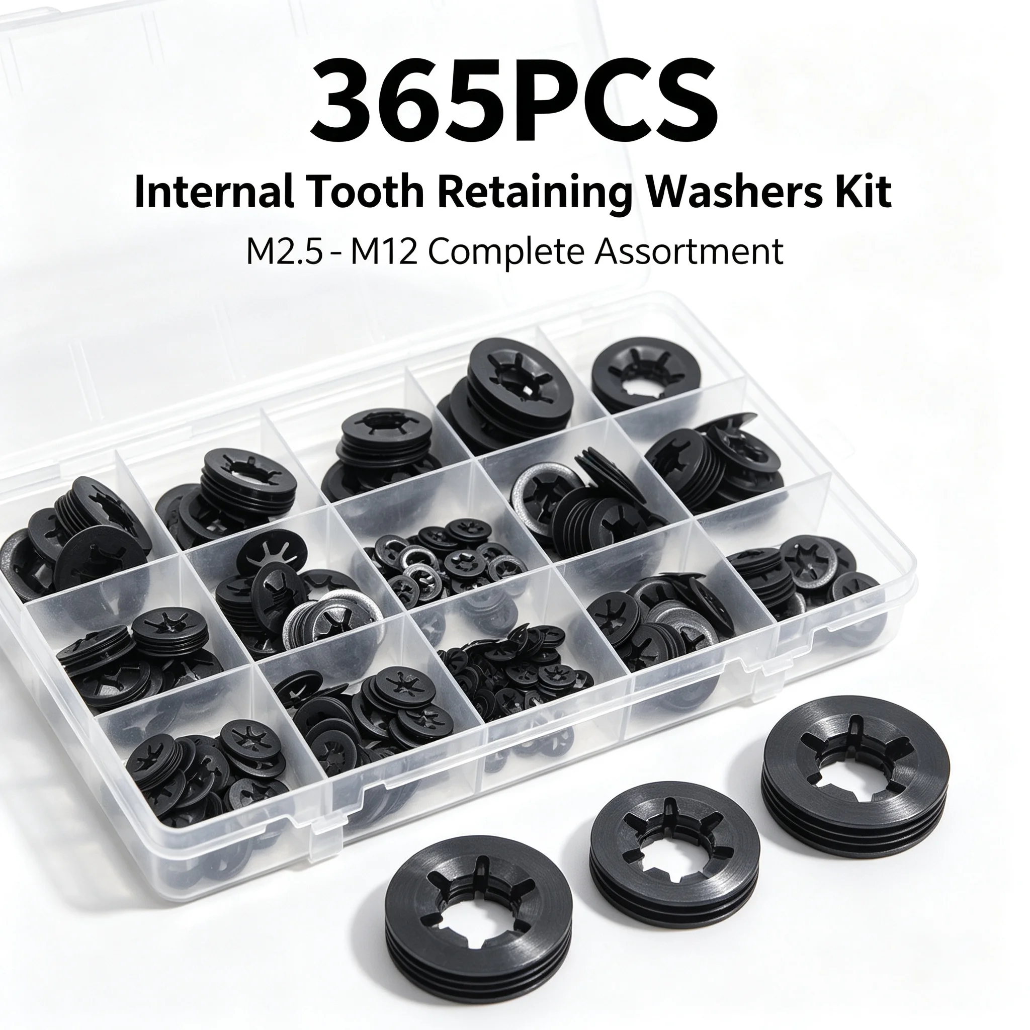 365pcs M2.5-M12 Internal Tooth Push-On Retaining Washers Kit Self-Locking Speed Clips Shaft Lock Washers Assortment