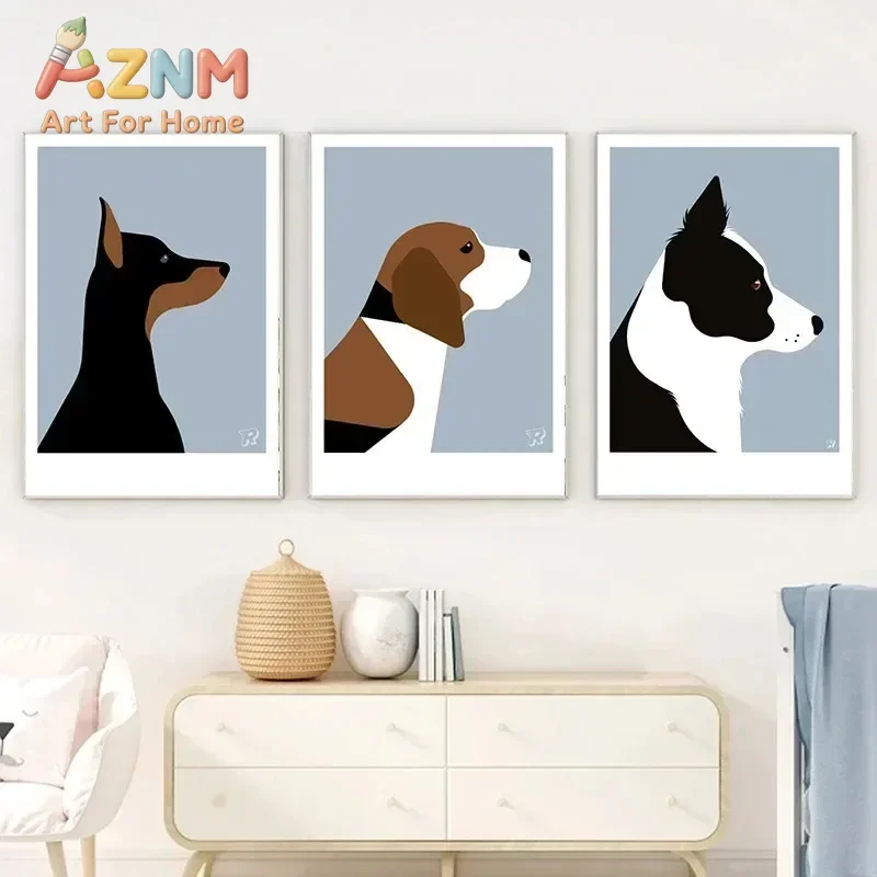 AZNM Minimalist Dog Breed Canvas Wall Art Doberman Beagle Border Collie Side Profile Portrait Print Unframed Canvas Poster for P