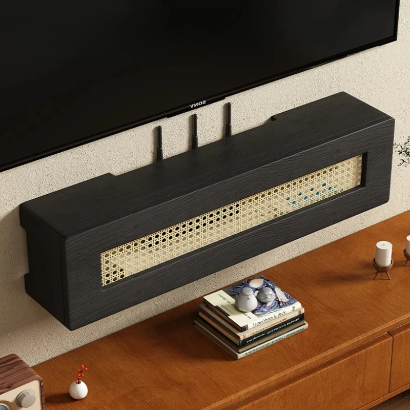 Vintage Rattan Wall Mount Router Holder TV Bracket Organizer with Concealed Cable Management Set Top Box Storage Shelf